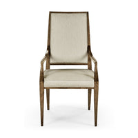 Front view of mid-century walnut dining armchair.
