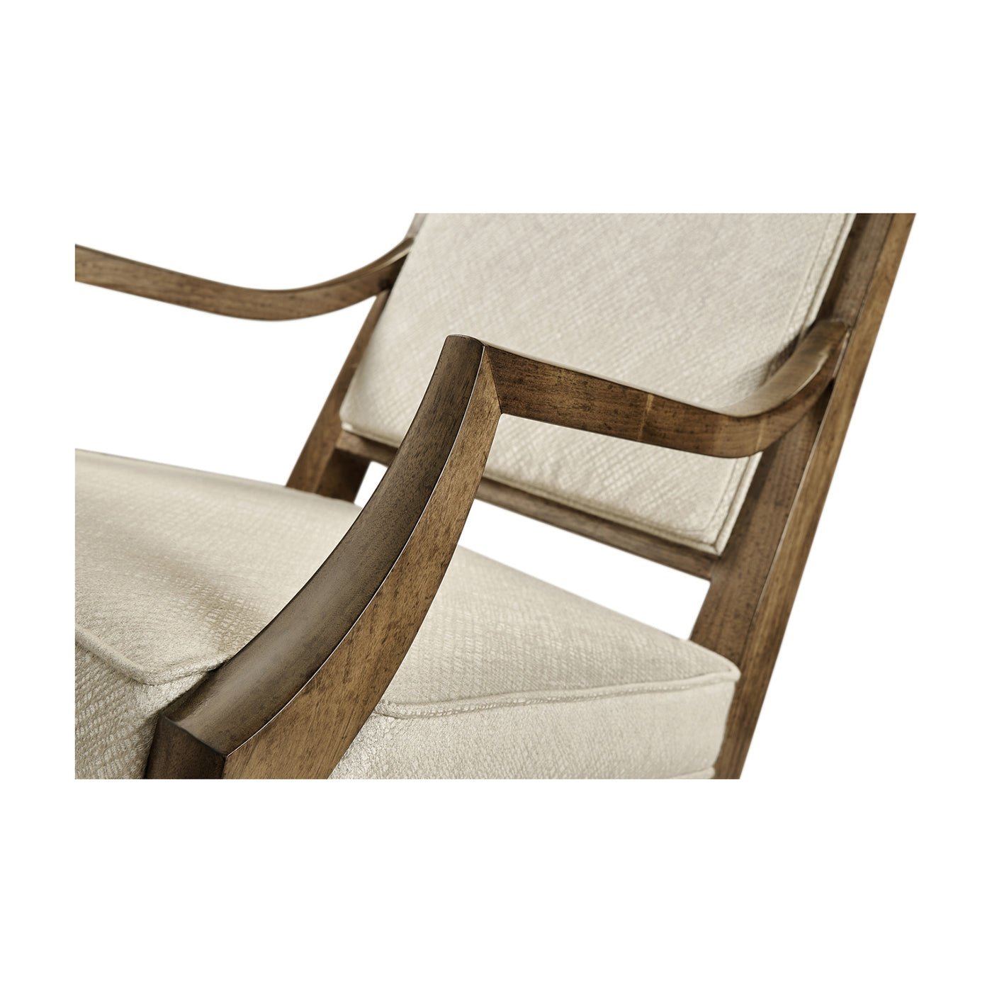 Detailed armrest and cushion on mid-century walnut armchair.