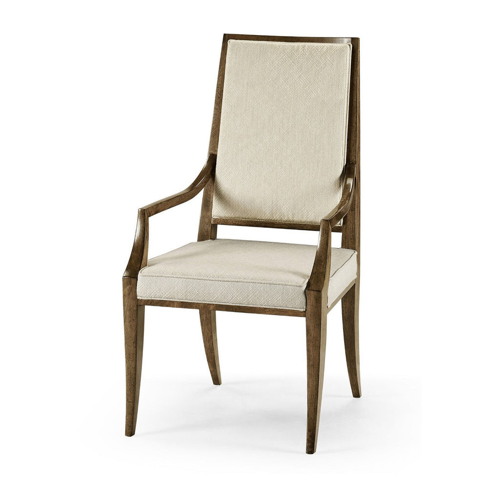 Mid-century walnut armchair with beige upholstery, angled view.