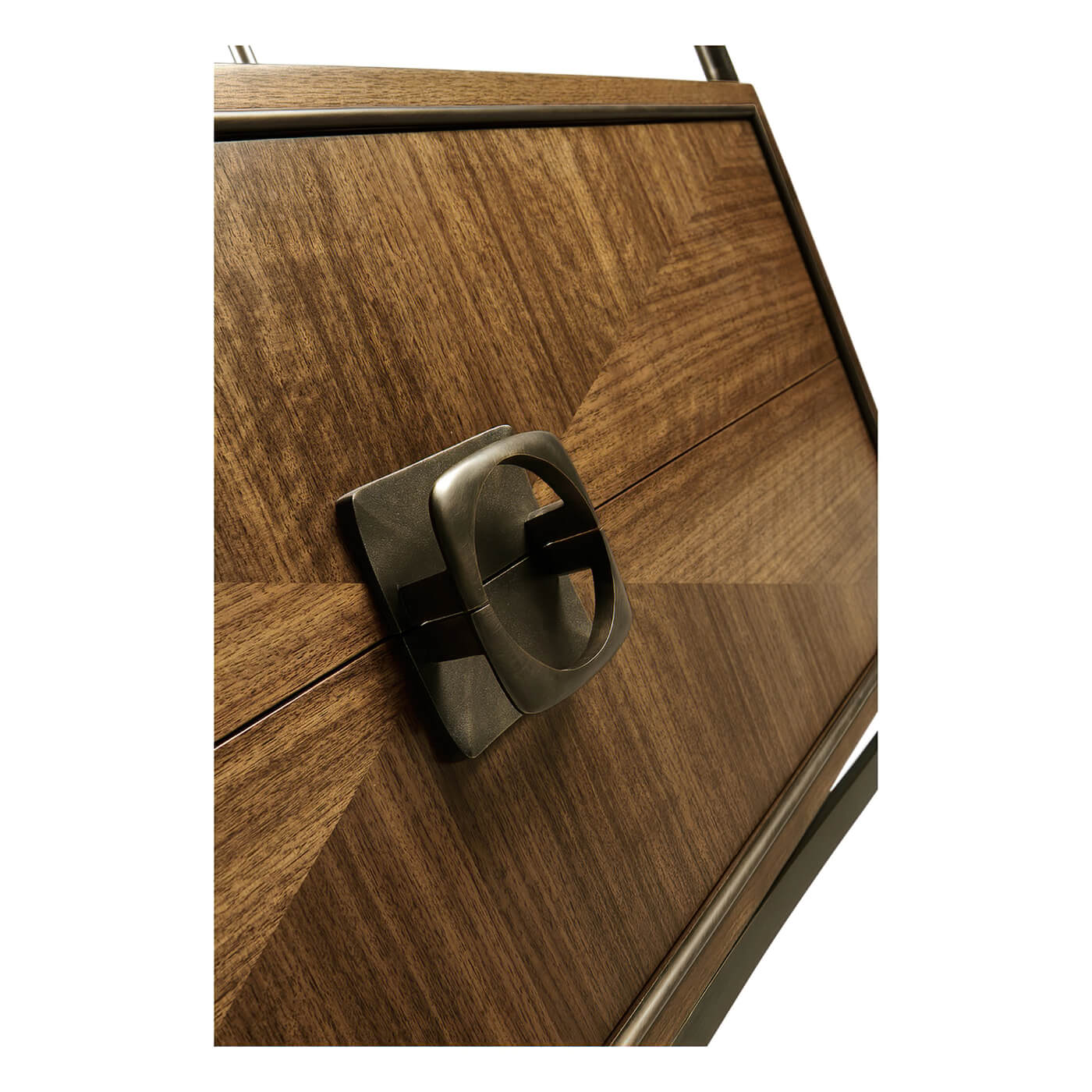 Close-up of etagere cabinet handle detail.