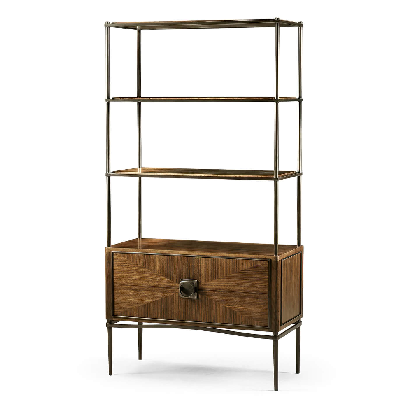 Mid-century walnut etagere with shelves and cabinet.