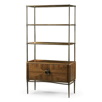 Mid-century walnut etagere with shelves and cabinet.