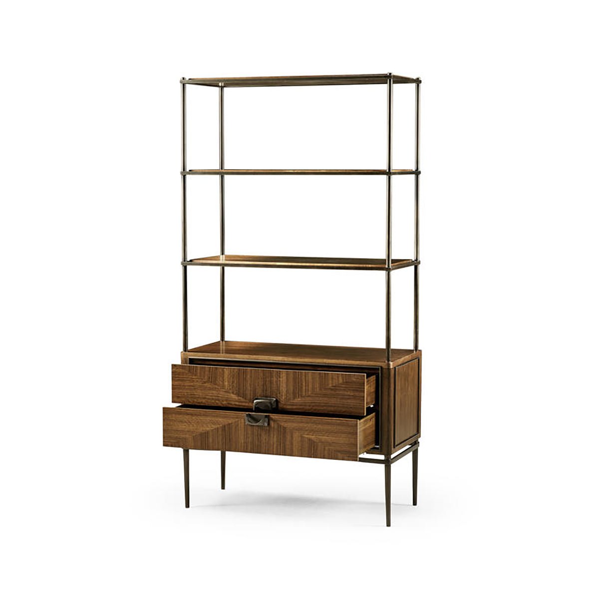 Open drawers of walnut etagere showcasing storage.