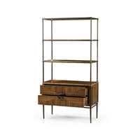Open drawers of walnut etagere showcasing storage.
