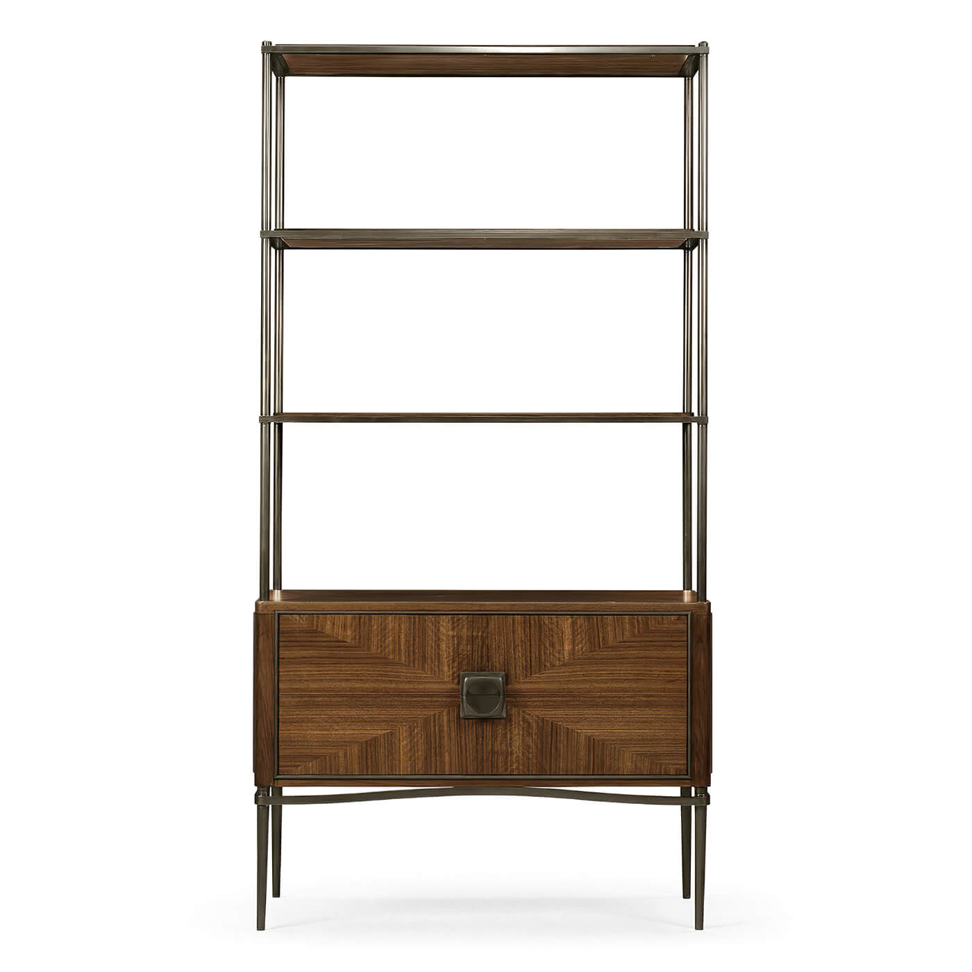 Front view of walnut etagere, shelves, and cabinet.