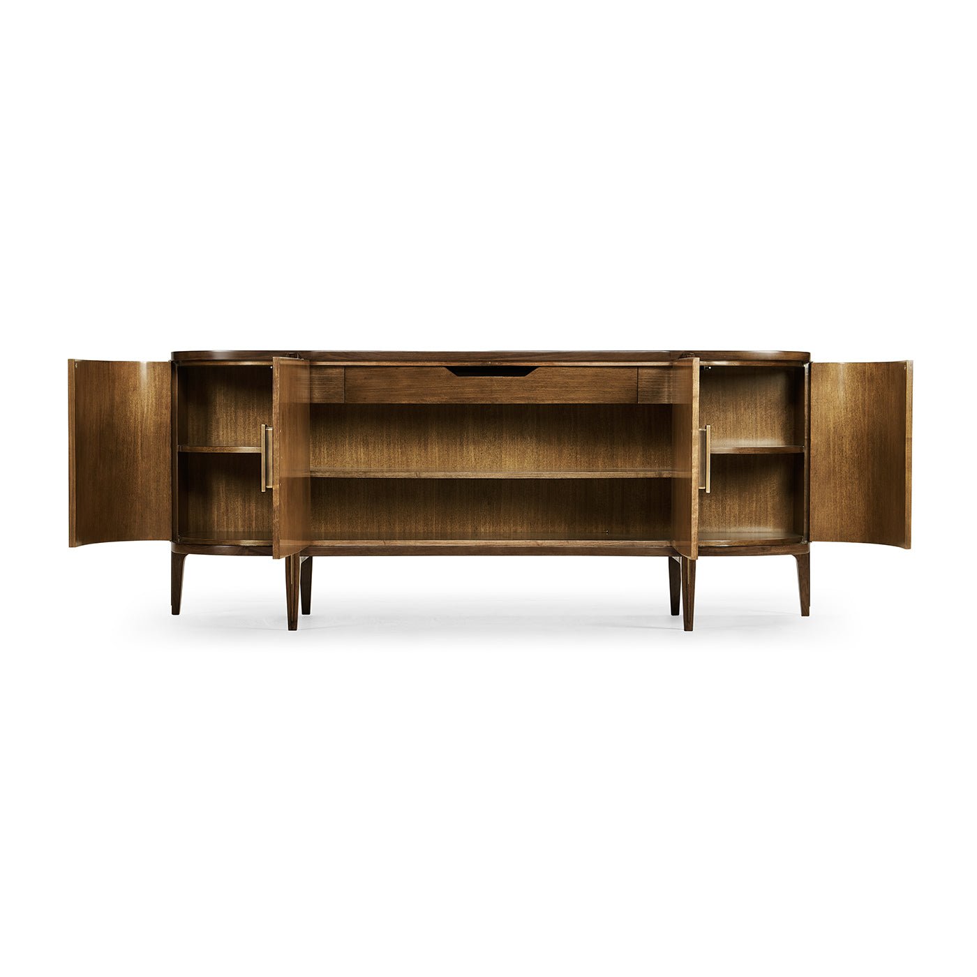 Open walnut sideboard showing interior shelves.