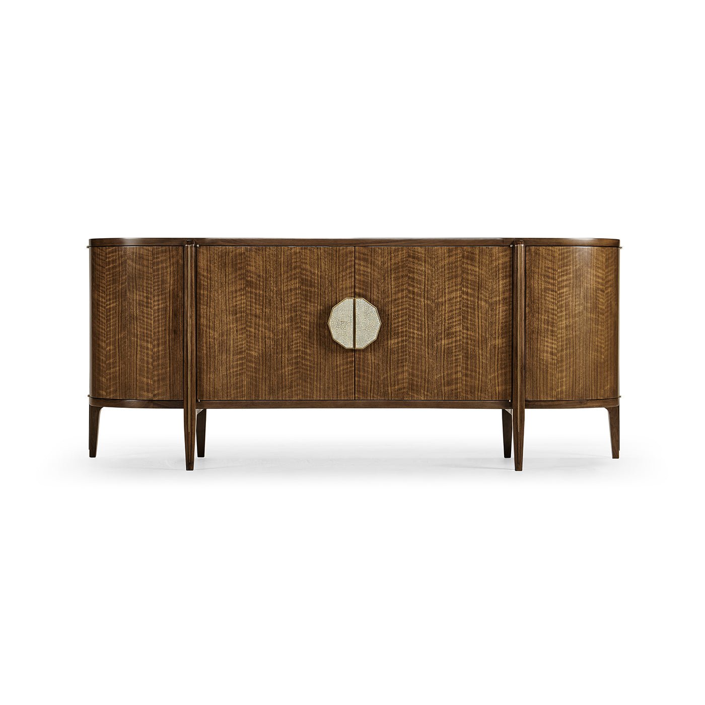 Front view of walnut sideboard with doors closed.
