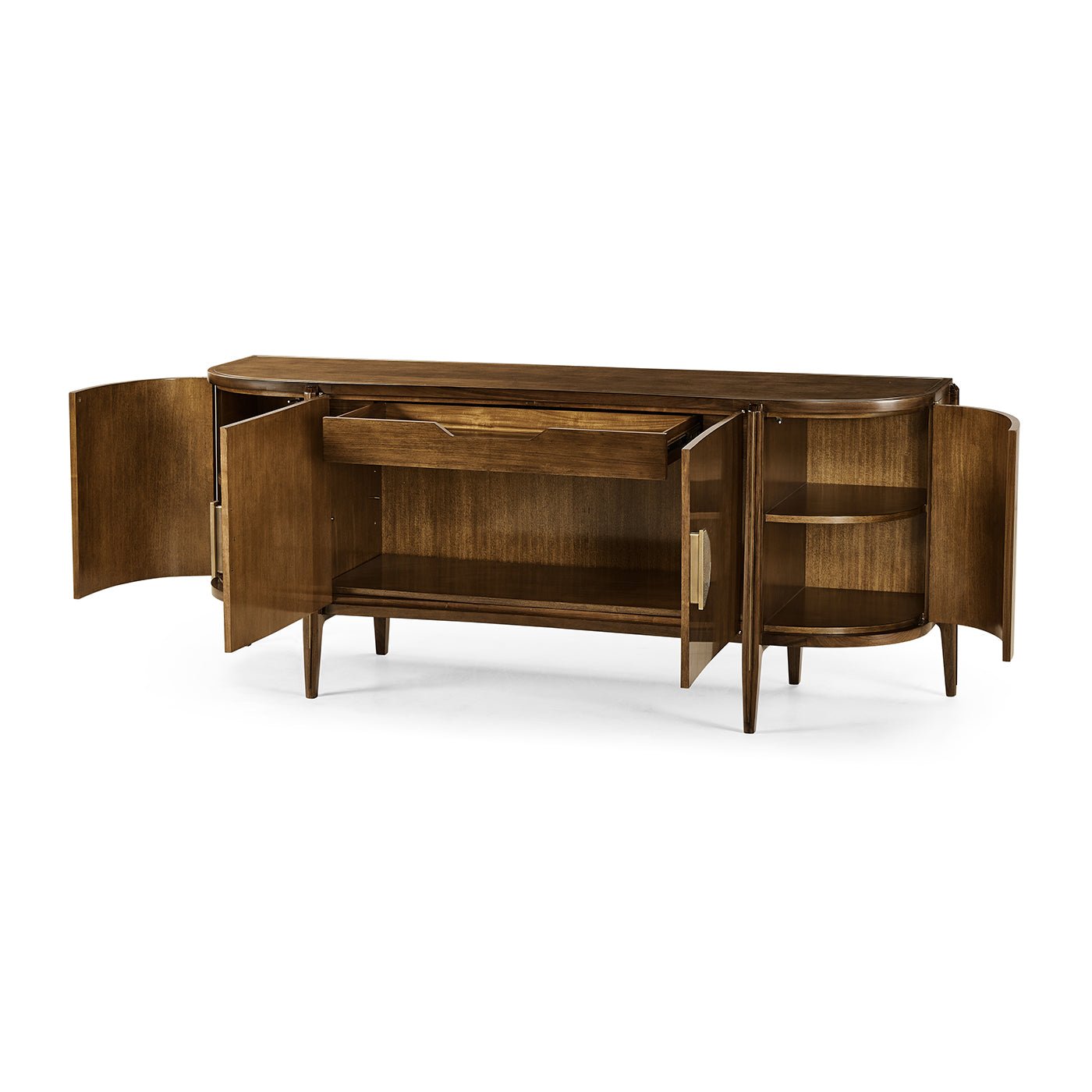 Sideboard with open doors and drawer visible.