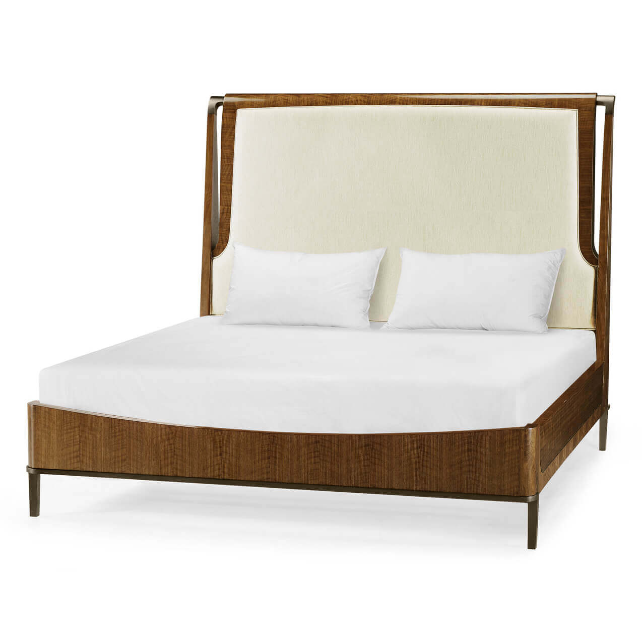 Mid-century walnut upholstered bed, angled view.