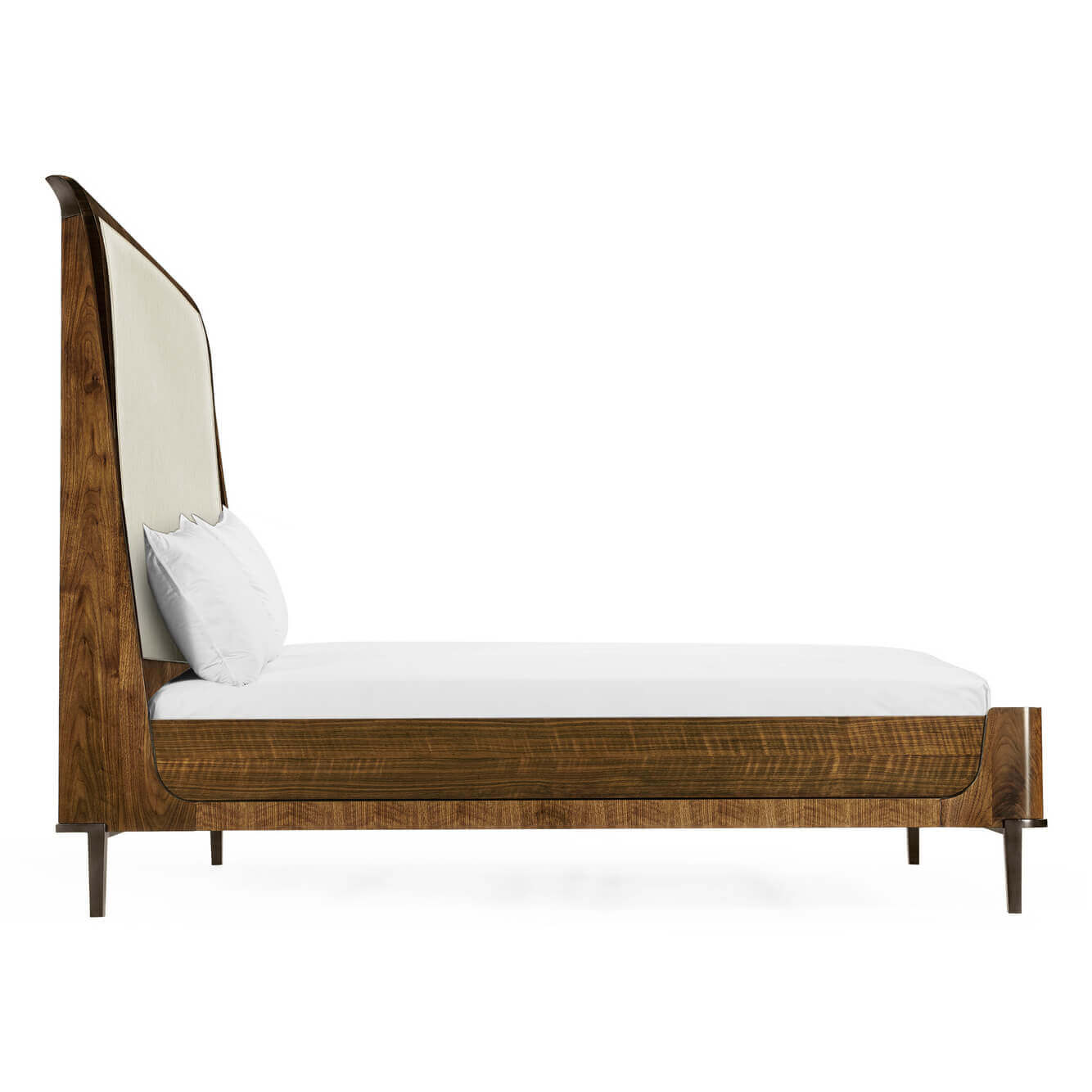 Side profile, mid-century walnut upholstered bed.