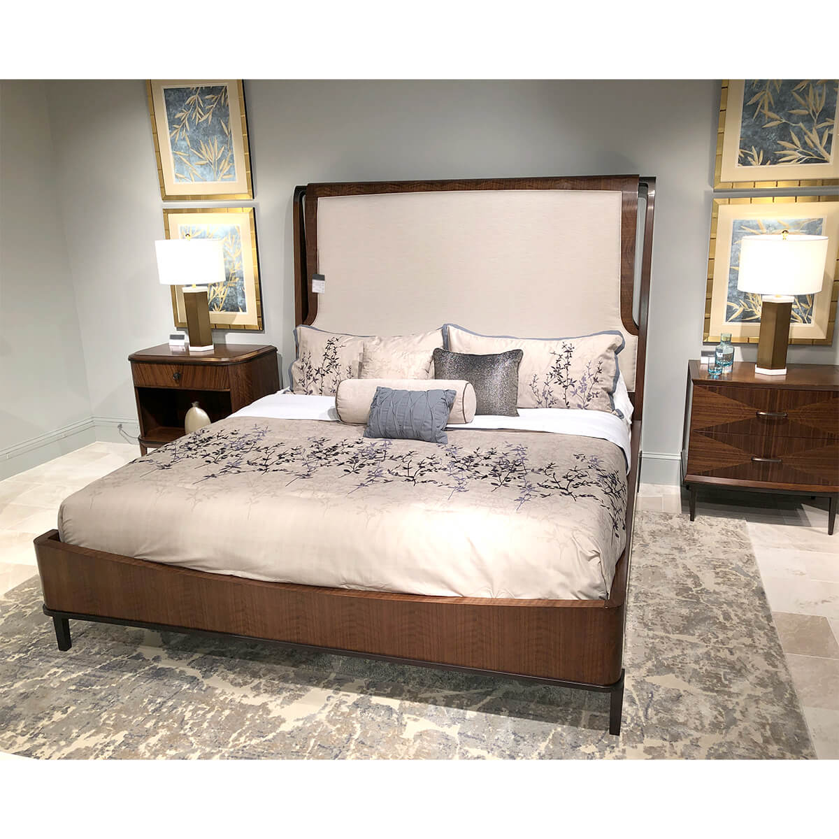 Styled room with mid-century walnut bed, decor included.
