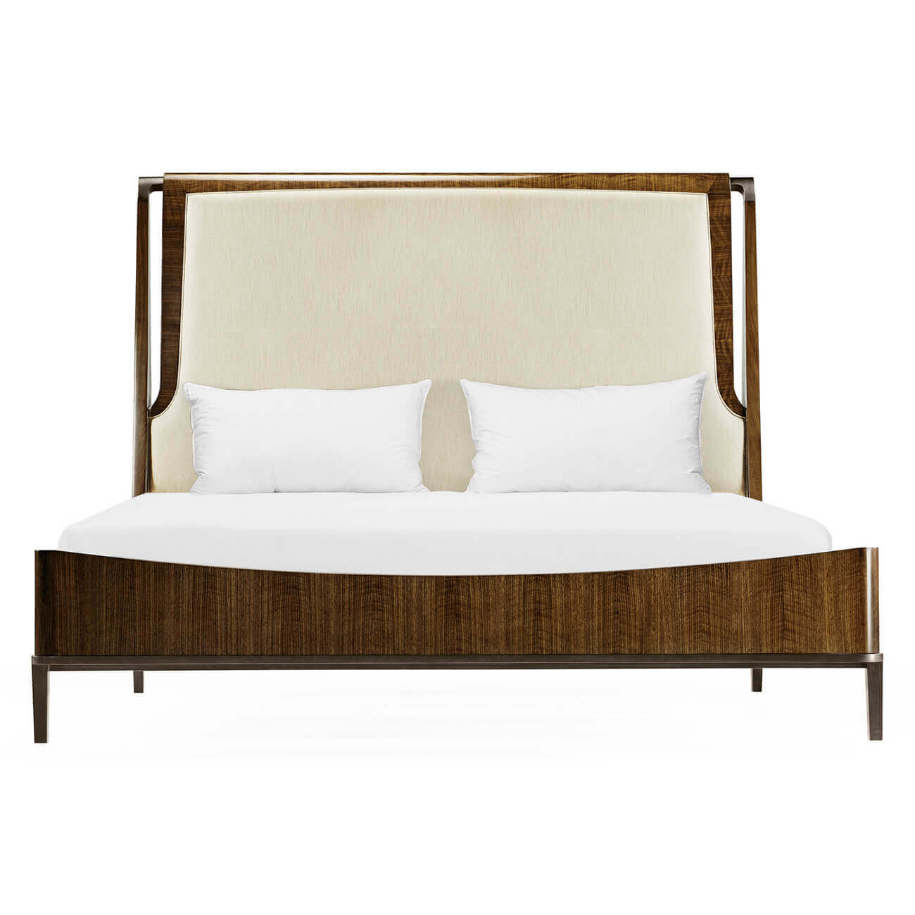 Front view, mid-century walnut upholstered bed.