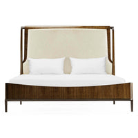 Front view, mid-century walnut upholstered bed.