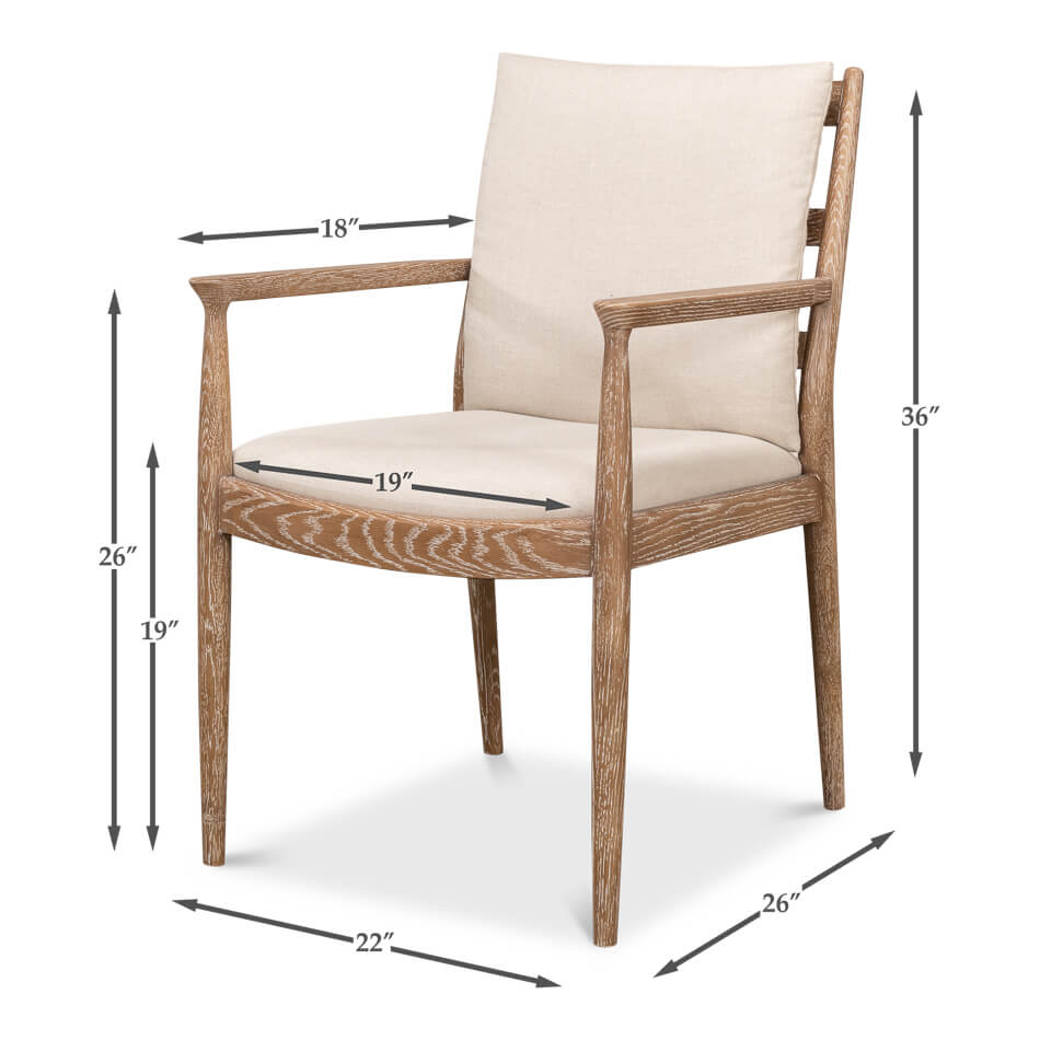 Mid-century whitewash armchair, dimensions and measurements.