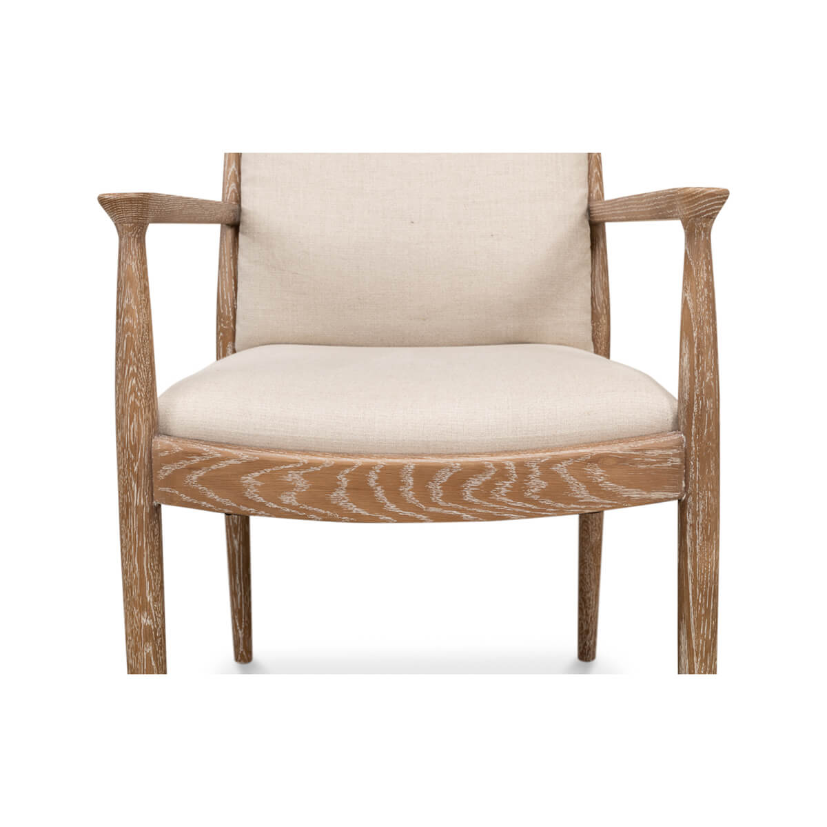 Mid-century whitewash armchair, close-up front details.