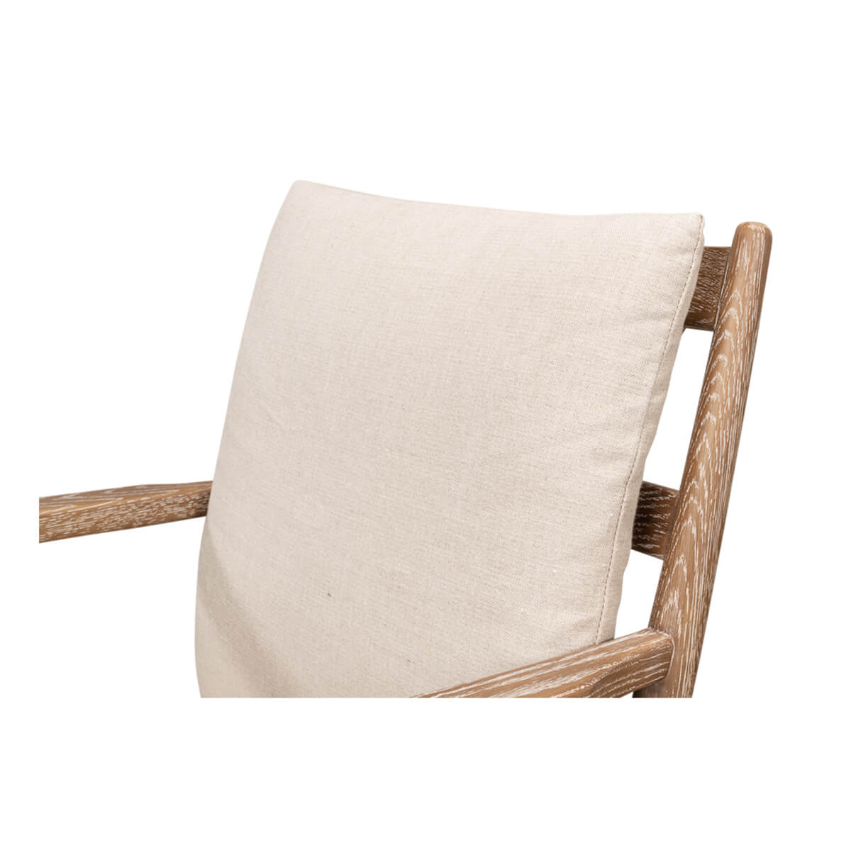 Mid-century whitewash armchair, back cushion and frame detail.