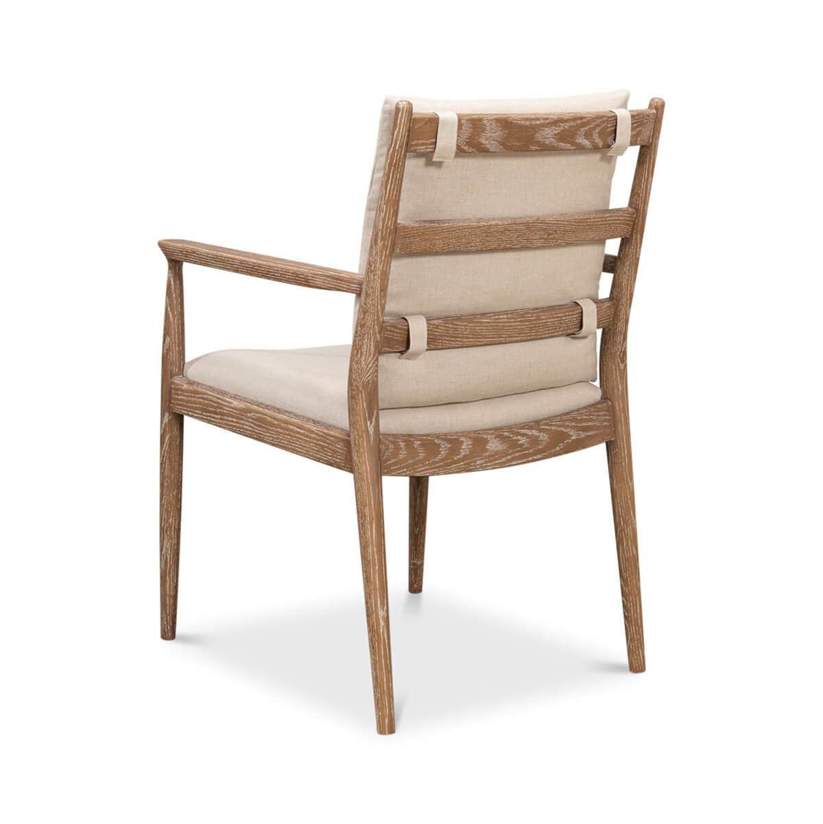 Mid-century whitewash armchair, rear angle view.