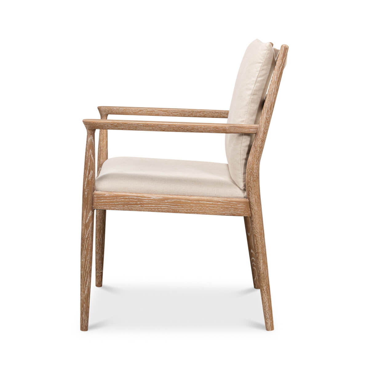 Mid-century whitewash armchair, side profile.