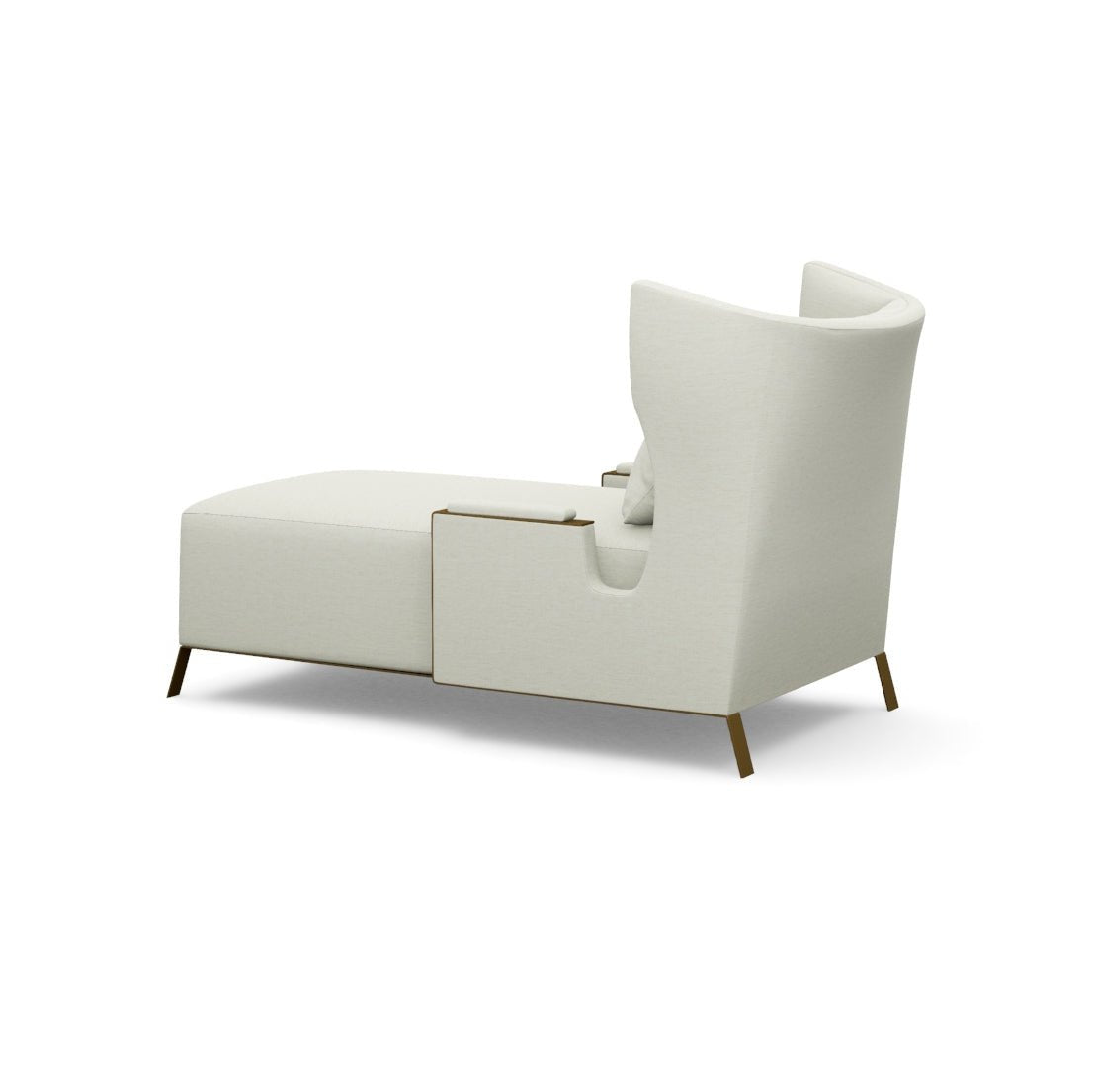 White wingback chaise rear angle showing sleek design.