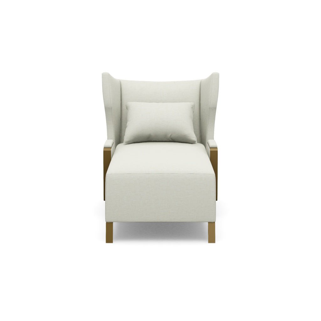 Front view of mid century wingback chaise with cushion.