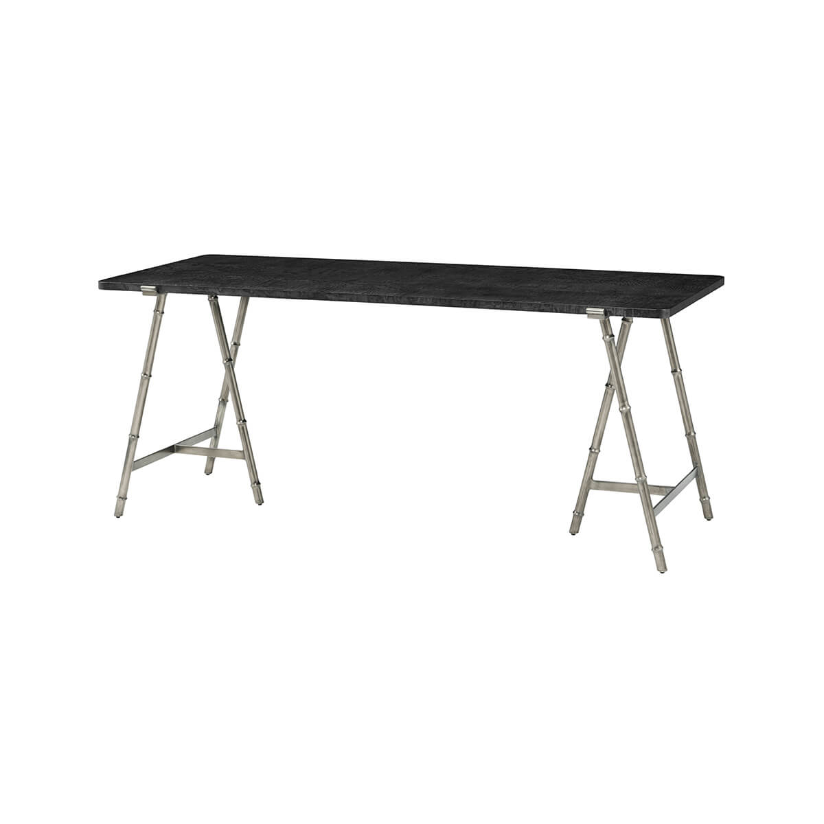 Mid-century writing table with metal legs, angled view.