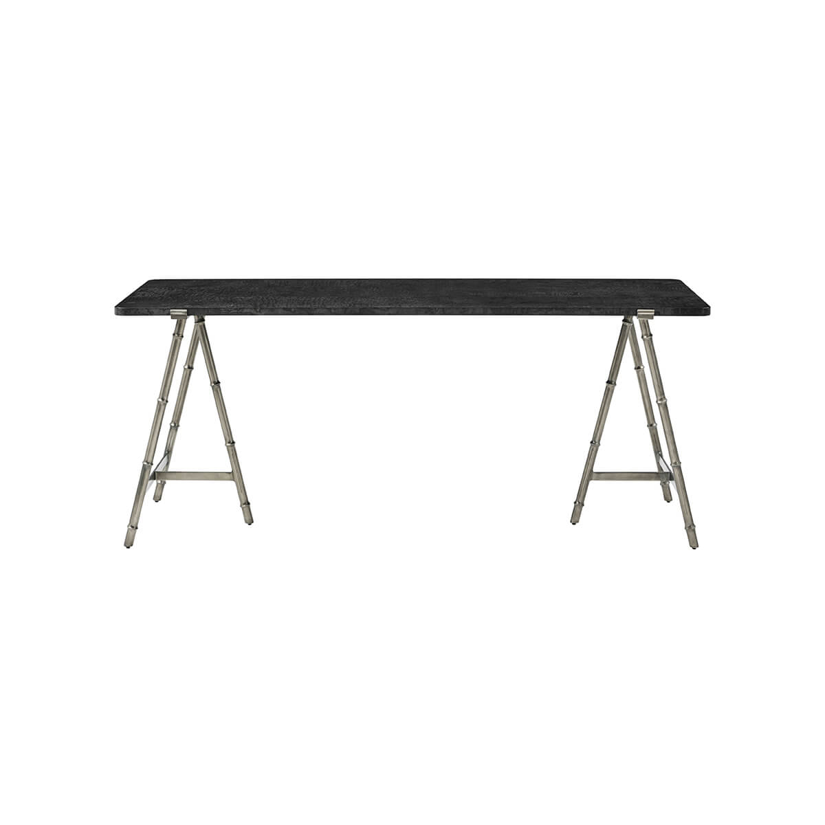 Front view of mid-century writing table with metal legs.