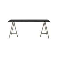 Front view of mid-century writing table with metal legs.