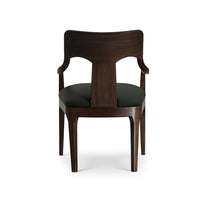 Mid-century dining armchair, back view, walnut finish.