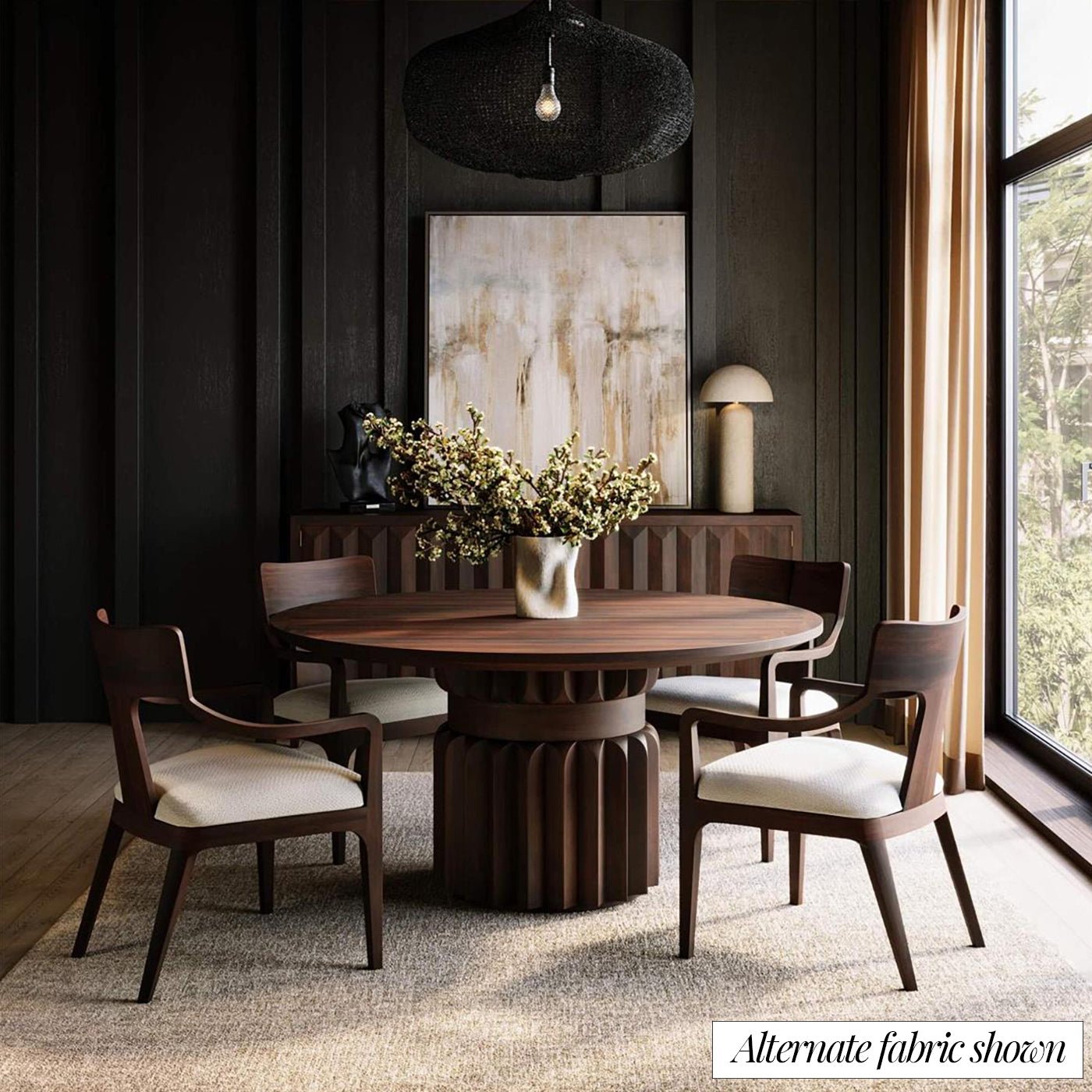 Dining room setting with chairs, alternate fabric, walnut finish.
