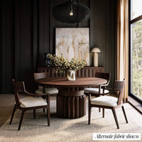 Dining room setting with chairs, alternate fabric, walnut finish.