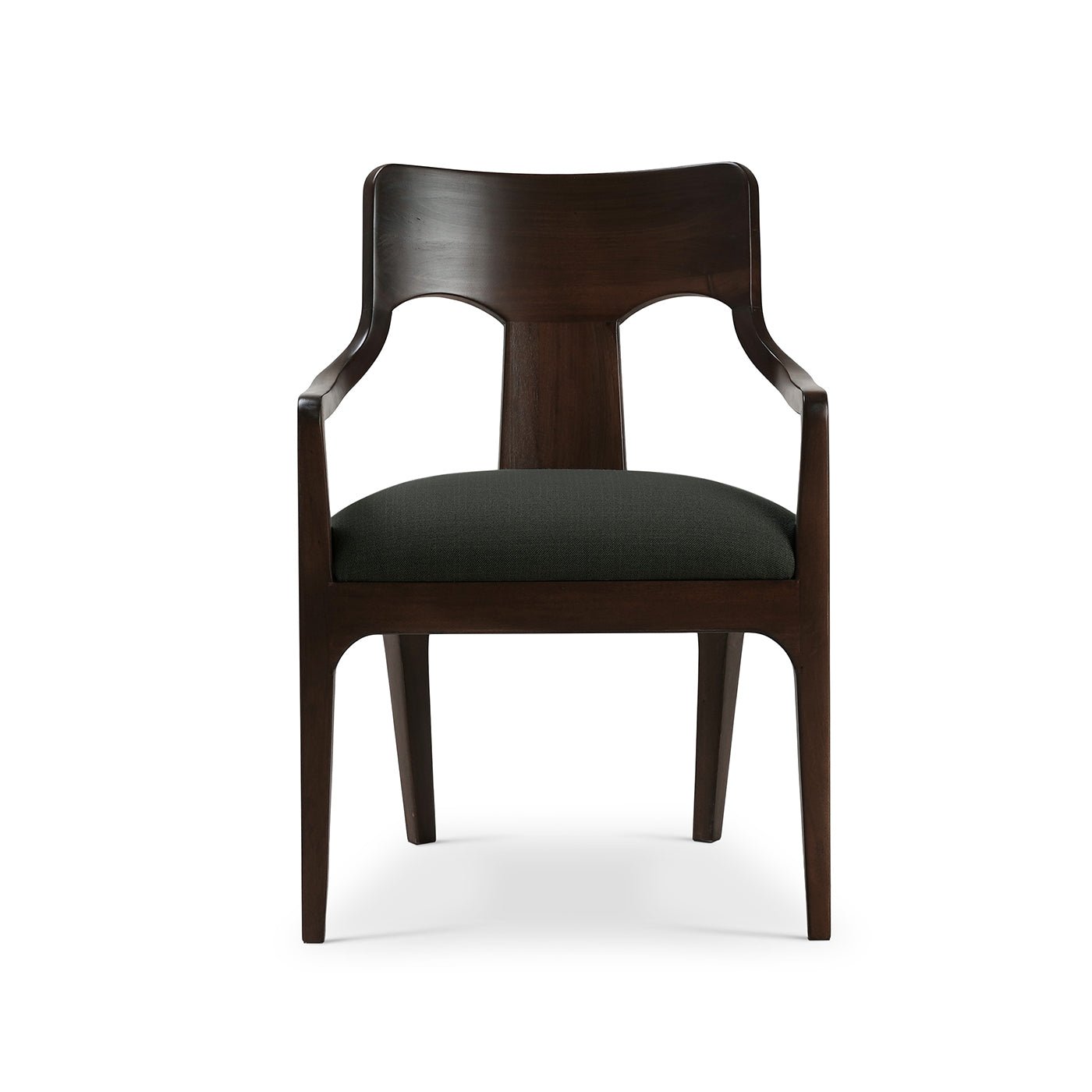 Mid-century dining armchair, straight front view, dark green.