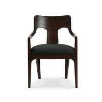 Mid-century dining armchair, straight front view, dark green.
