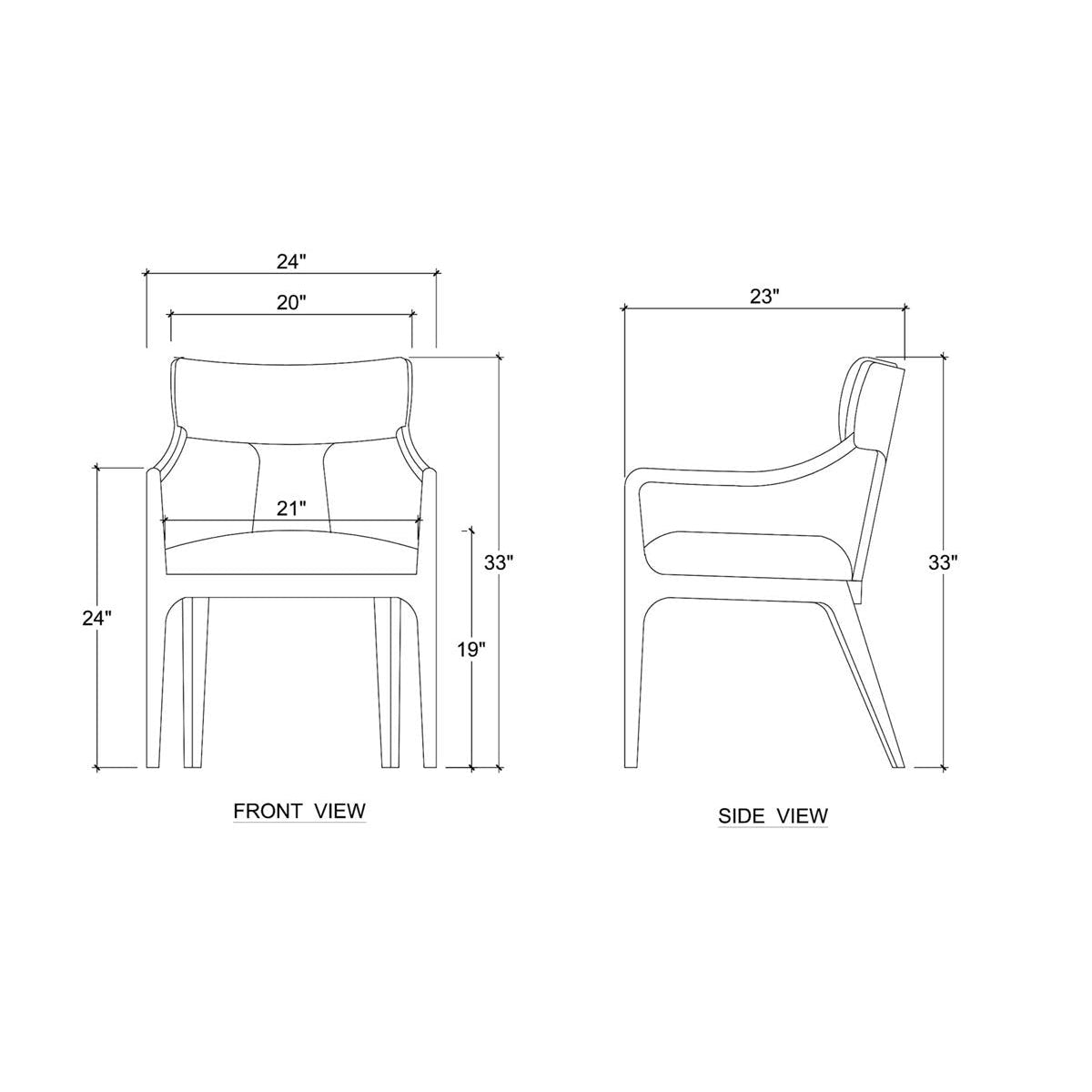 Chair dimensions illustration, mid-century dining armchair design.
