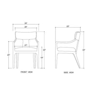 Chair dimensions illustration, mid-century dining armchair design.