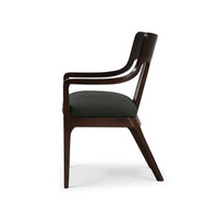 Mid-century dining armchair, side view, walnut finish.