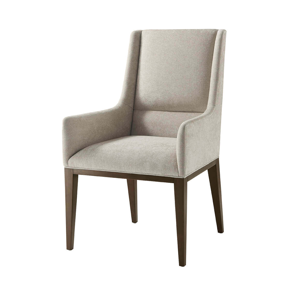 Midcentury upholstered dining arm chair, front view.
