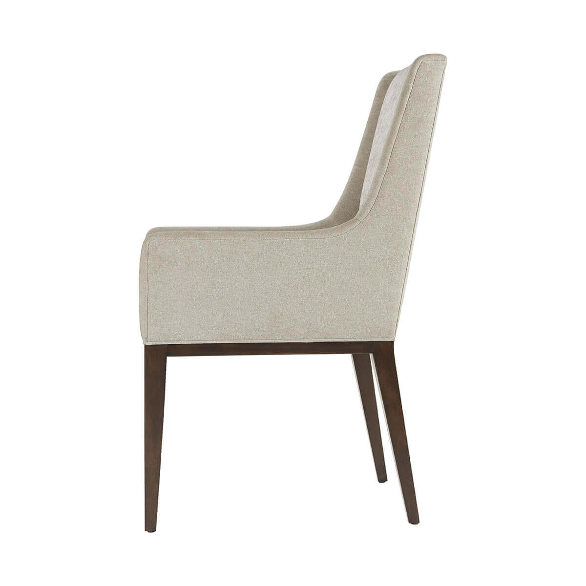 Midcentury upholstered dining arm chair, side view.