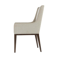 Midcentury upholstered dining arm chair, side view.