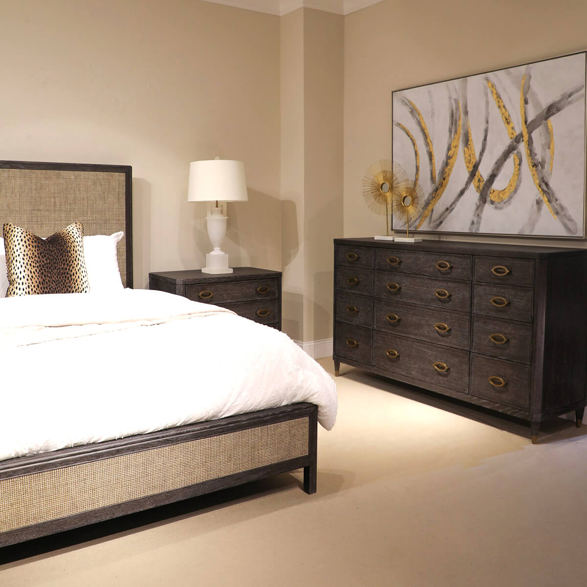 Dark wood bedroom furniture set with modern bed, lamp.