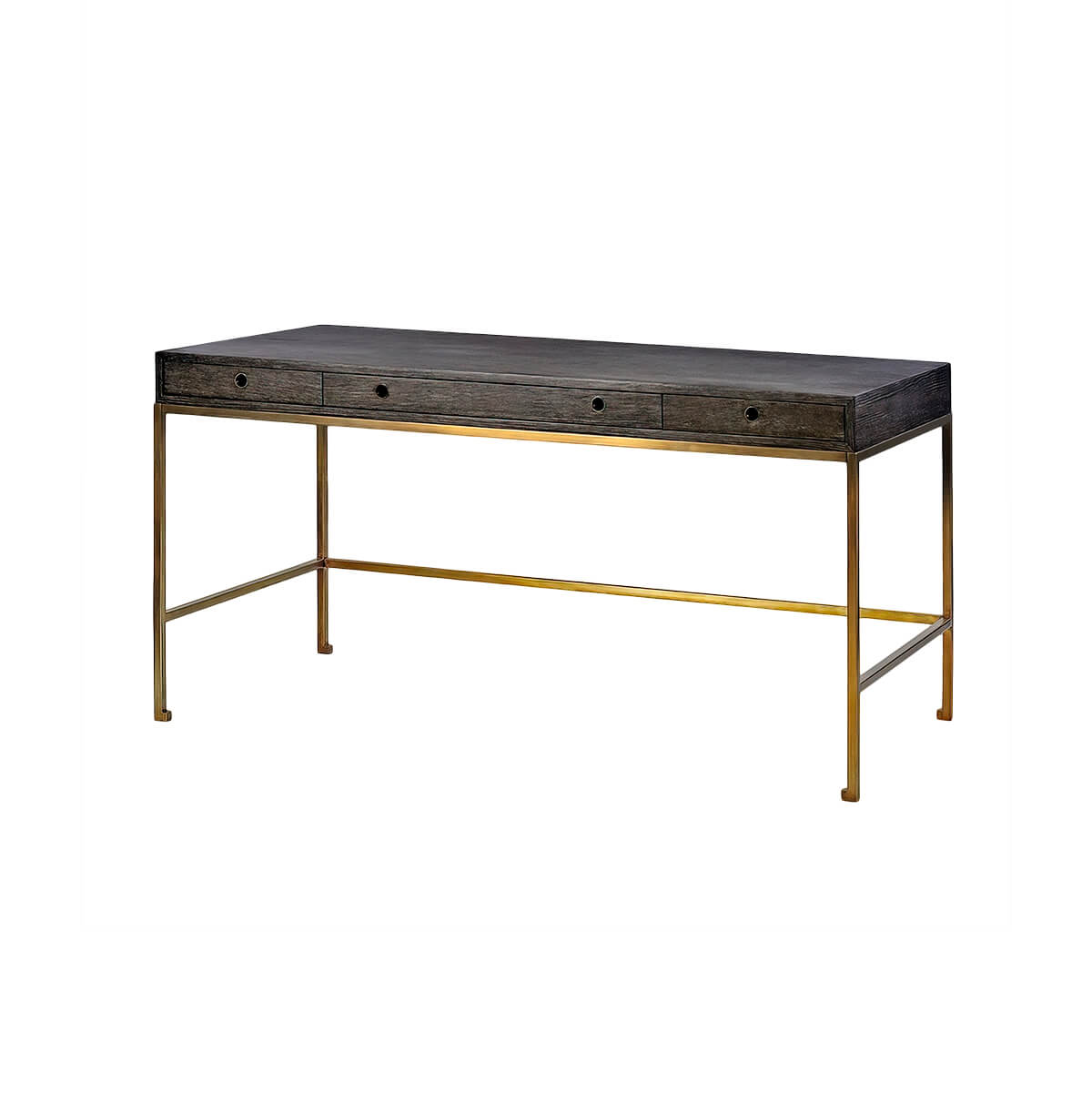 Elegant wooden desk with gold legs, three drawers.