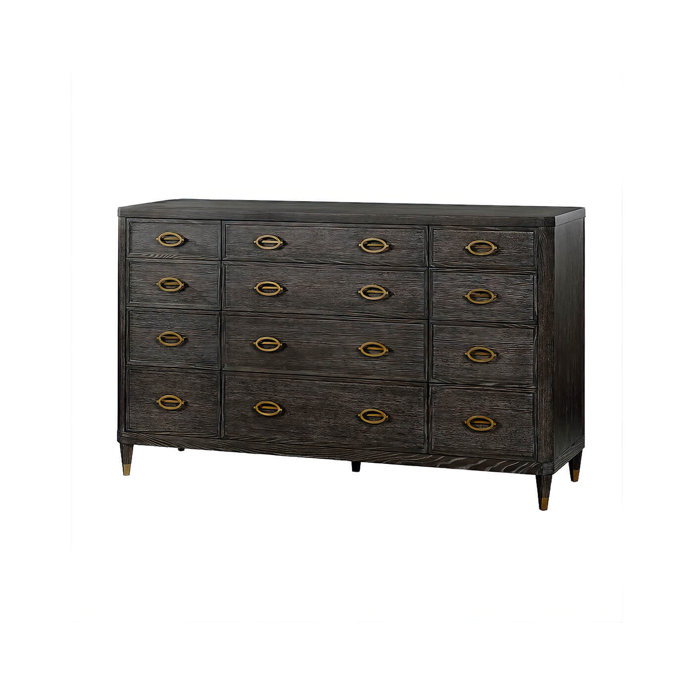 Midnight Modern Dresser front view with brass handles.