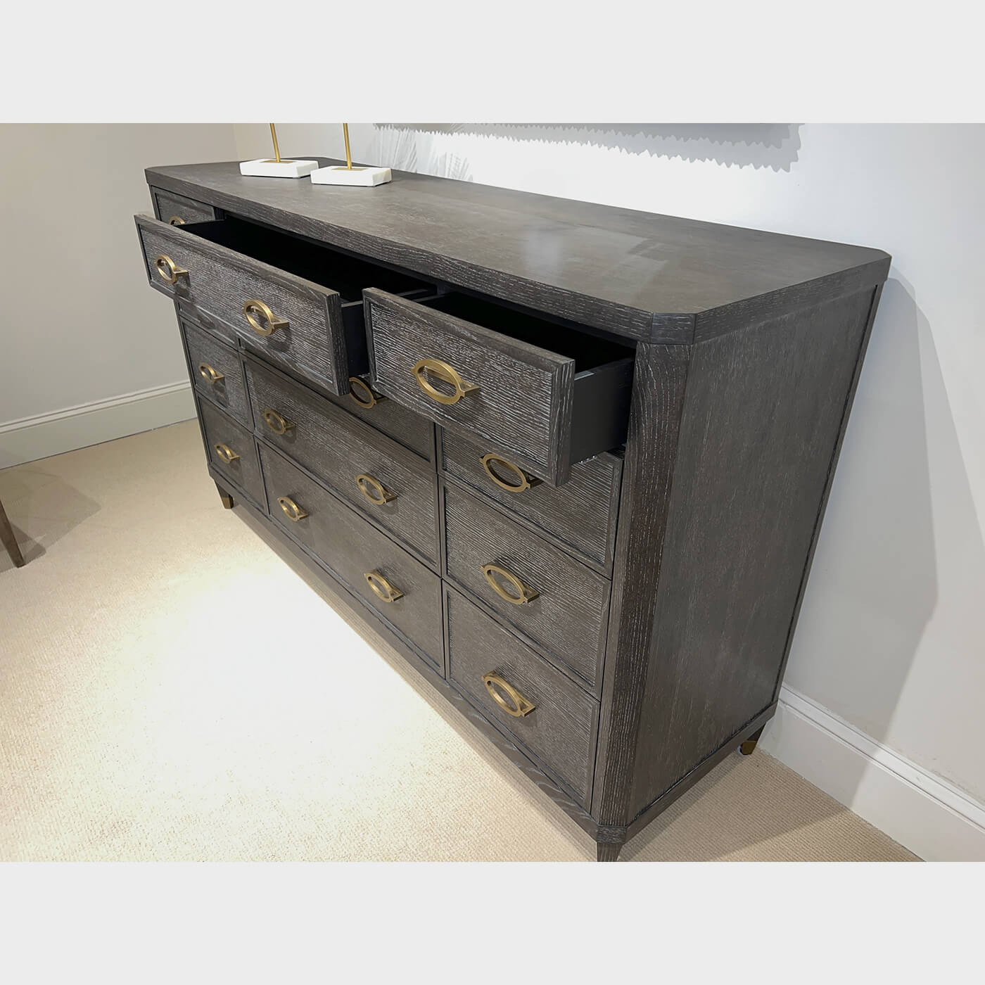 Midnight Modern Dresser drawers open showing storage capacity.