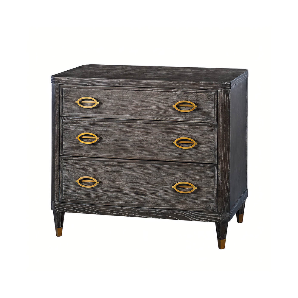 Dark wood nightstand with three drawers and gold handles.
