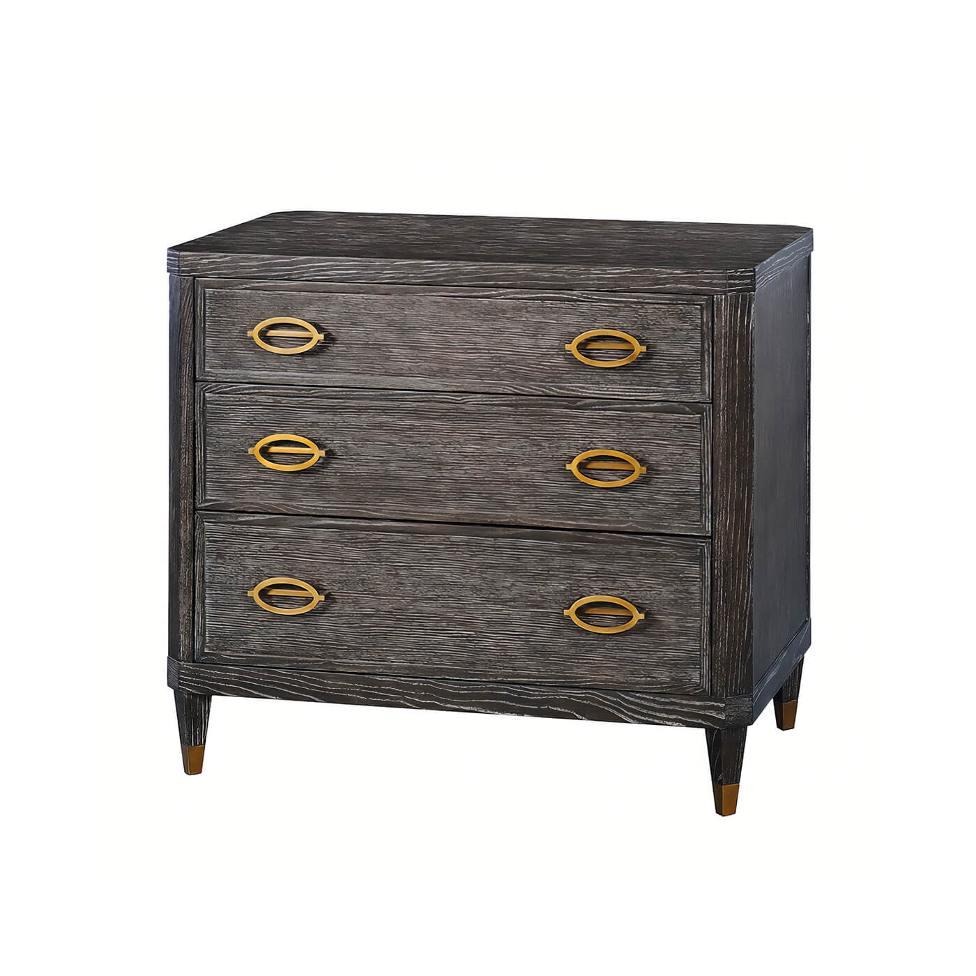 Dark wood nightstand with three drawers and gold handles.
