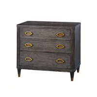 Dark wood nightstand with three drawers and gold handles.