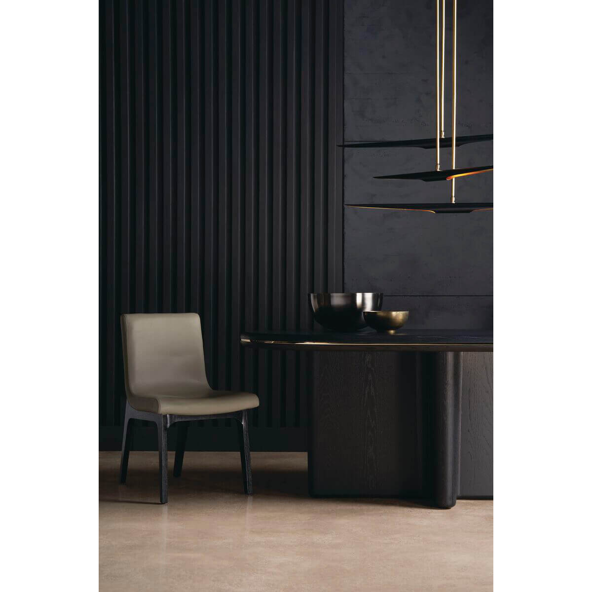 Dining table and chair, modern decor, black background.