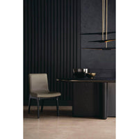 Dining table and chair, modern decor, black background.