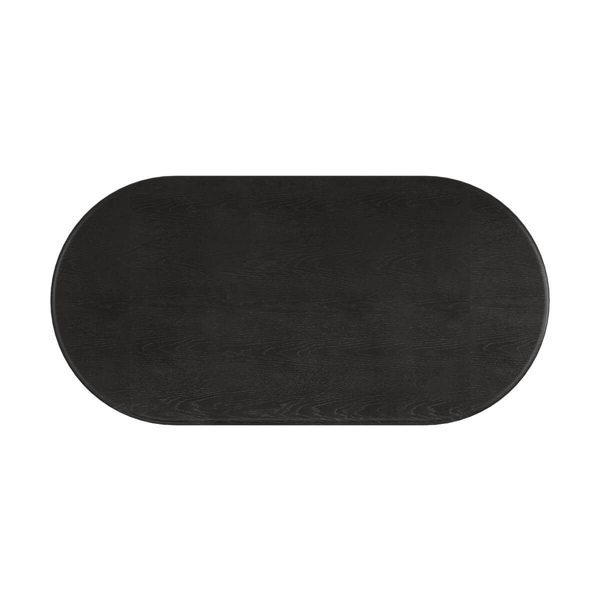 Black dining table, top view, oval shape.