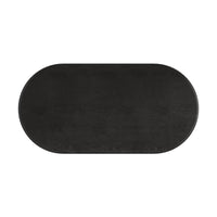 Black dining table, top view, oval shape.
