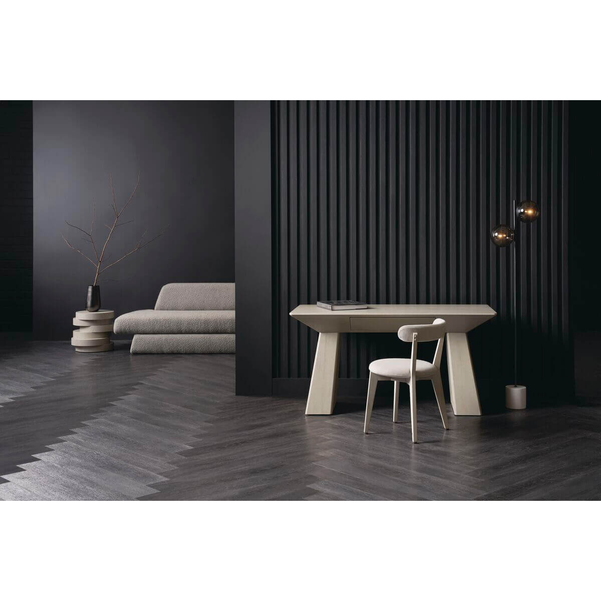 Minimal oak dining chair in modern room setup.